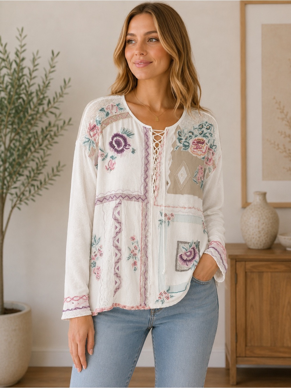 Vintage 90s Together Embroidered Floral Boho Patchwork Lace Up Blouse Size L